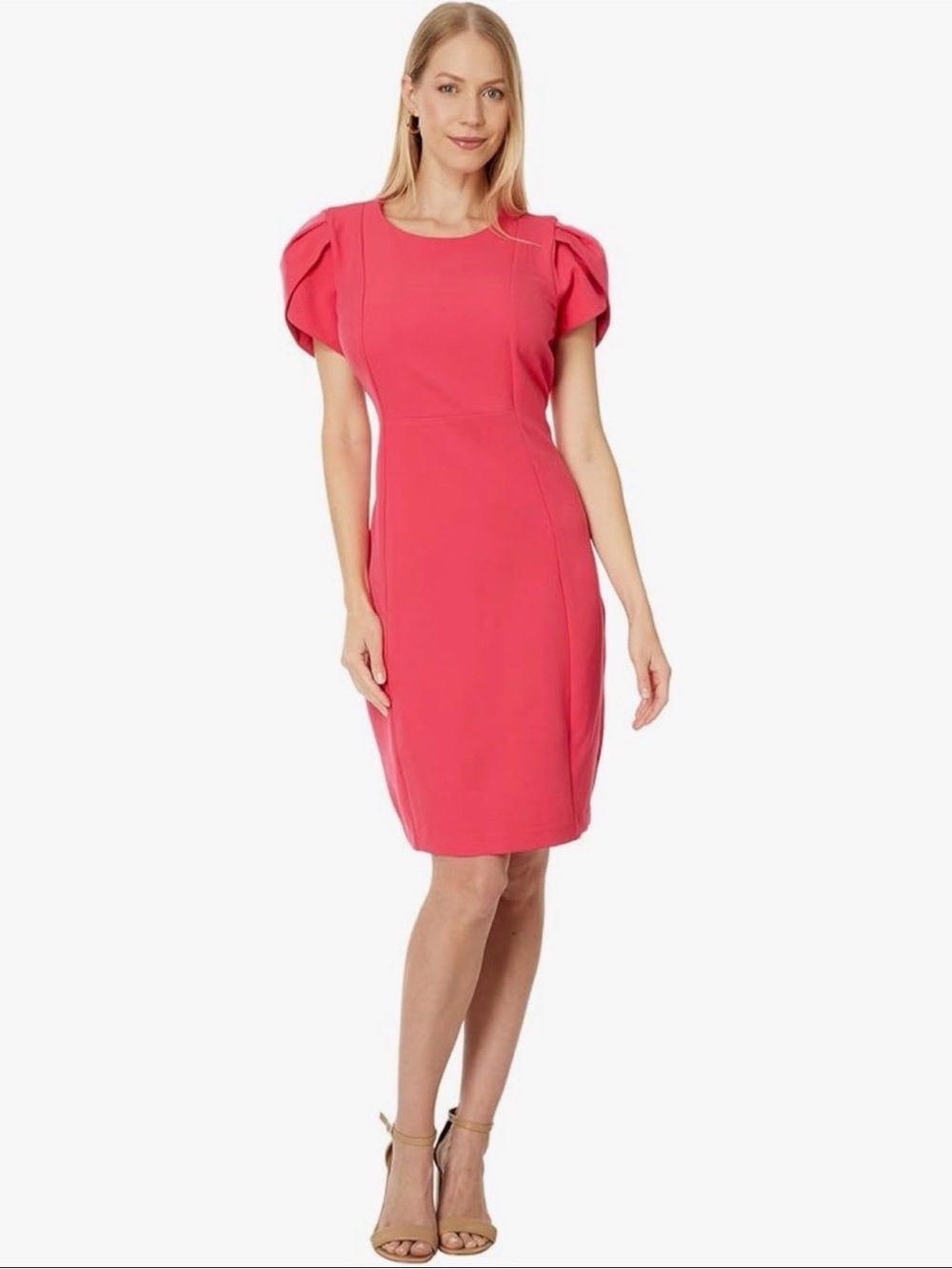 Liverpool Coral Pink Puff-Sleeve Midi Dress